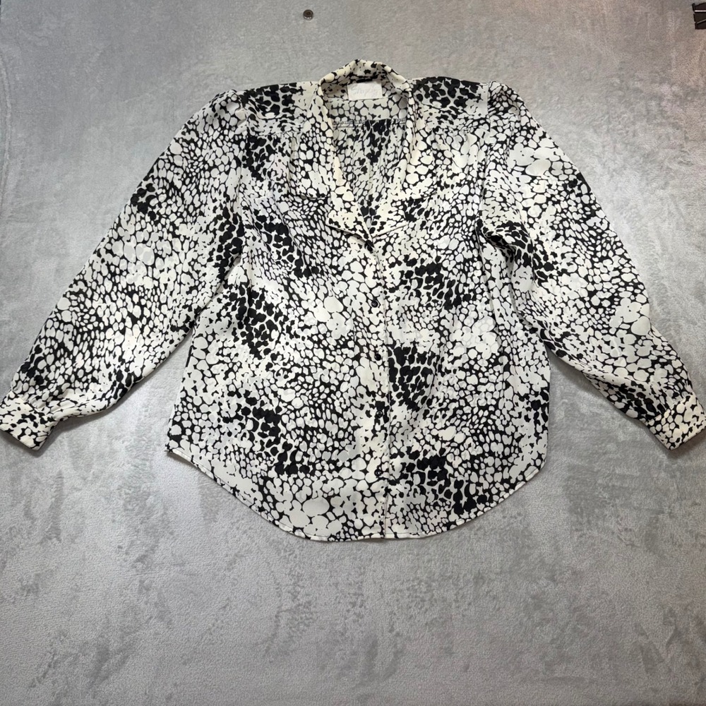 Vintage Black White Abstract Pebble Print Button Down Blouse 70s Retro Mod Top